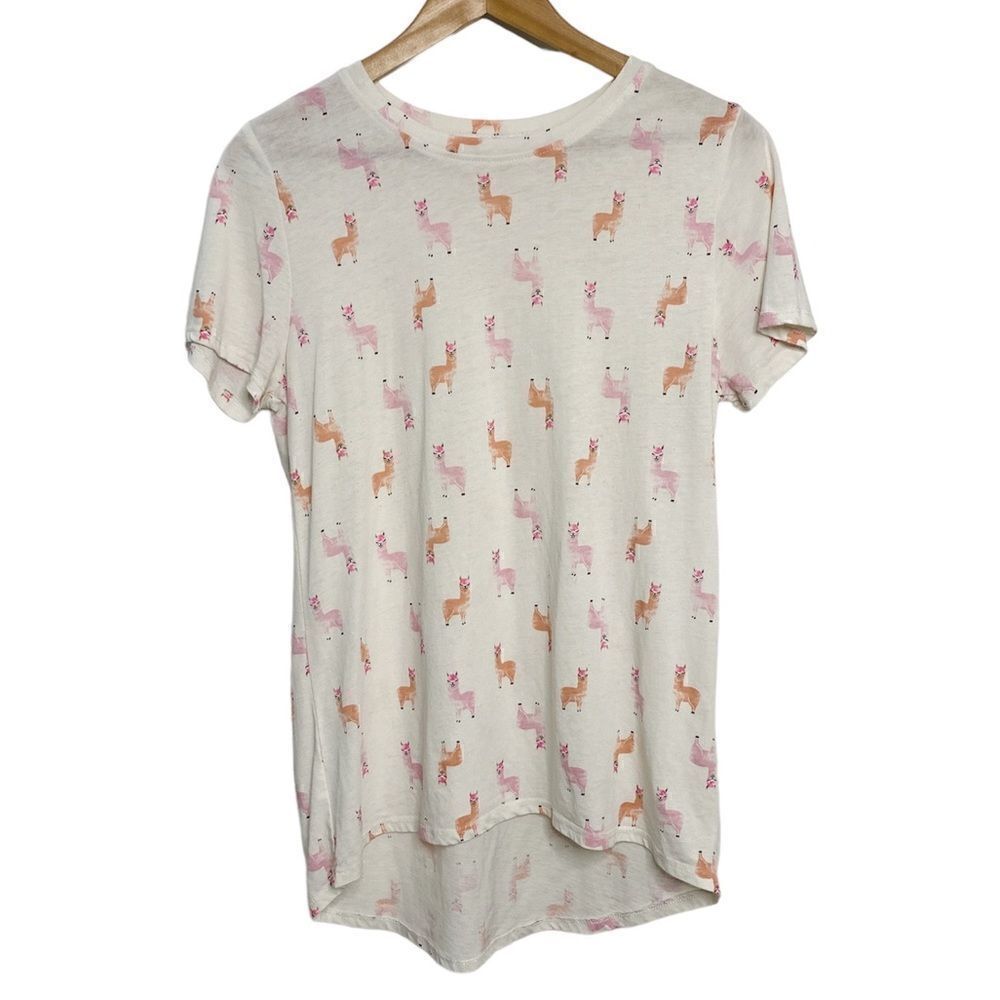 Llama High Low Short Sleeve Casual Shirt White and Pink Size Small